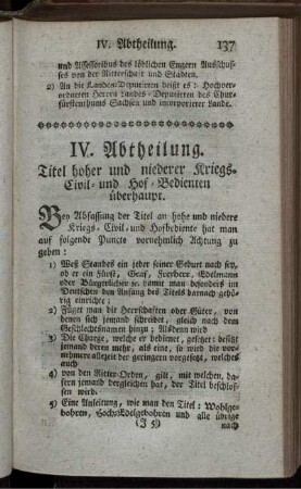 IV. Abtheilung. Titel hoher und niederer Kriegs-Civil- und Hof-Bedienten überhaupt.