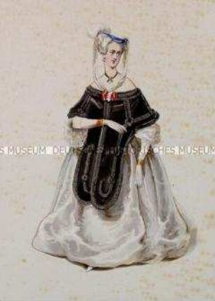 Frau im weißen Kleid mit großem schwarzen Pelzkragen - Tafel aus Franceschini/Kostümbilder (Kassette 2)