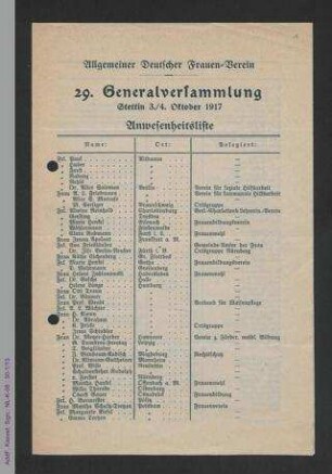 Anwesenheitsliste zur 29. Generalversammlung des ADF 1917 in Stettin