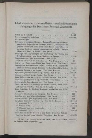Inhalt des ersten u. zweiten Heftes 1) zweiundzwanzigsten Jahrgangs der Deutschen Entomol. Zeitschrift.