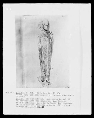Les monuments de la monarchie française. Sammelband der Zeichnungen und Probedrucke Montfaucons — Bischofsstatue, Seitenverkehrte Zeichnung für den Stecher, Folio fol. 34