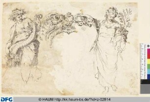 Nachzeichnung eines Kartuschenrahmens, der von den allegorischen Figuren des Reichtums und des Friedens flankiert wird