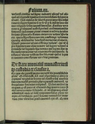 De statu monialiu[m] monasterioru[m] q[ue] custodia et Clausura folio