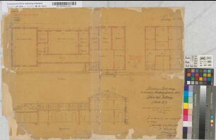 Revisions-Zeichnung des definitiven Empfangs-Gebäudes auf Bahnhof Kettwig, Blatt 2: Grundriß und Schnitt, M. 1:100 Hge, Sknr.: 2, Fanr.: 3, Bunr.: 4