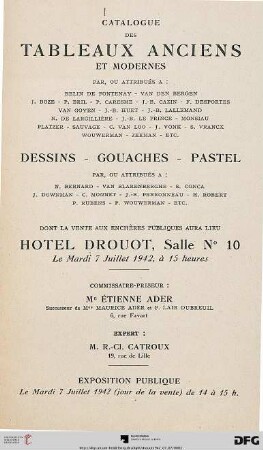 Catalogue des tableaux anciens et modernes : par, ou attribués à: Belin de Fontenay, ... ; dessins, gouaches, pastel ... ; 7 juillet 1942