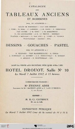 Catalogue des tableaux anciens et modernes : par, ou attribués à: Belin de Fontenay, ... ; dessins, gouaches, pastel ... ; 7 juillet 1942