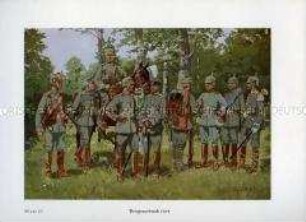 Uniformdarstellung, Maschinengewehrschütze, Husar, Chevauleger, Offizier und Gemeiner der Linien-Infanterie, Reitender Jäger, Kanonier und Trompeter der Feld-Artillerie, Deutsches Kaiserreich, 1914.