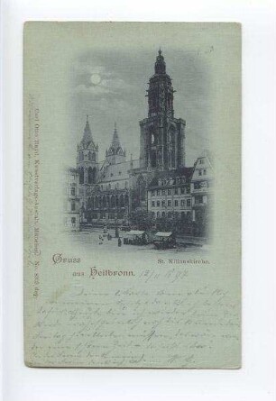 Marktplatz und Außenansicht der Kilianskirche von Nordwesten, Häuser Kaiserstraße 32 und 34, Marktstände (Mondscheinkarte)