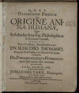 Disputatio Physica De Origine Animae Humanae