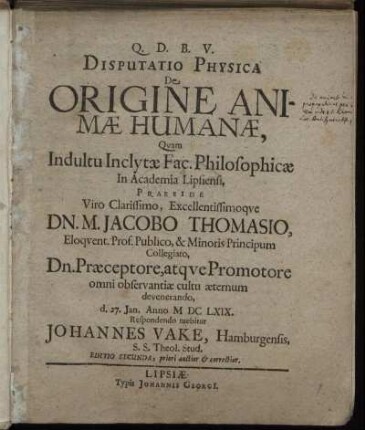 Disputatio Physica De Origine Animae Humanae