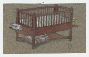 Entwurf für ein Kinderbett : Holzgitterbett mit Bettzeug und drei Ablageflächen; Entwurf 3, Varainte 1