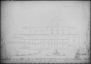 Großes Opernhaus am Zwinger nach den Umbauten zum Redoutensaal. Zeichnung von G. F. Thormeyer, 1835; Aufriß Hauptfassade. Dresden: LfD Sachsen M 11 VII C, Bl. 7