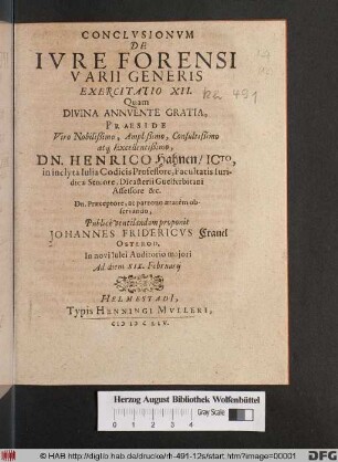 Conclusionum De Iure Forensi Varii Generis Exercitatio XII.