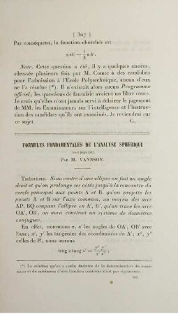 Formules fondamentales de l'analyse sphérique.