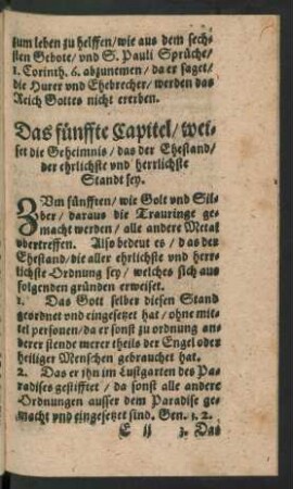 Das fünffte Capitel/ weiset die geheimnis/ das der Ehestand/ der ehrlichste und herlichste Standt sey.