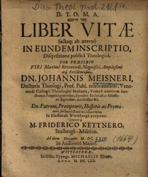 Liber vitae factaq[ue] ab aeternô In Eundem Inscriptio