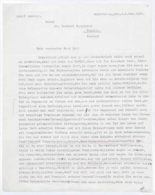 Brief von Adolf Arnhold an Gerhart Hauptmann