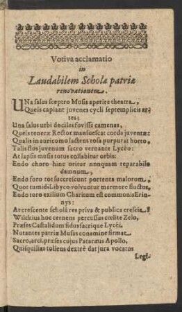 Votiva acclamatio in Laudabilem Scholae patriae renovationem.