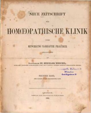 Neue Zeitschrift für homöopathische Klinik. 9 = Bd. 13. 1864