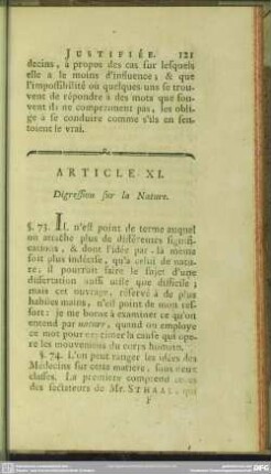 Article XI. Digression sur la Nature