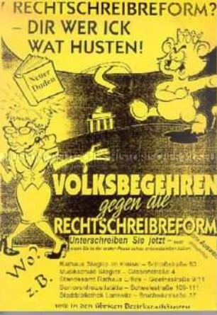 Illustrierter Maueranschlag für ein Volksbegehren gegen die Rechtschreibreform