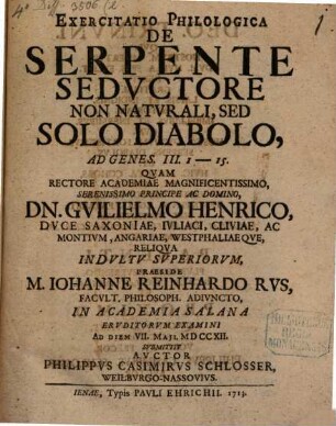 Exercitatio philol. de serpente seductore non naturali, sed solo diabolo, ad Gen. III, 1 - 15