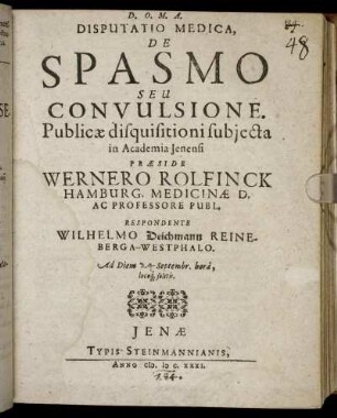 Disputatio Medica, De Spasmo Seu Convulsione