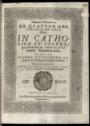 Disputatio philosophica ex quatuor Aristotelis de caelo libris