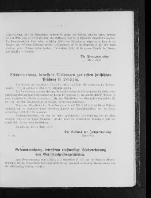 Bekanntmachung, betreffend Meldungen zur ersten juristischen Prüfung in Leipzig
