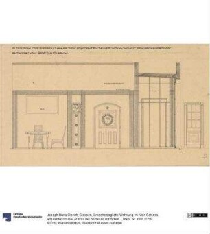 Giessen, Grossherzogliche Wohnung im Alten Schloss, Adjutantenzimmer, Aufriss der Südwand mit Schnitt durch die Fensternische und Aufriss des Zierschrankes