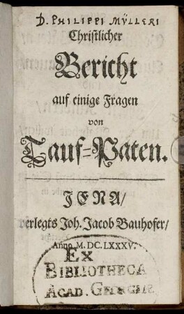 Christlicher Bericht auf einige Fragen von Tauf-Paten