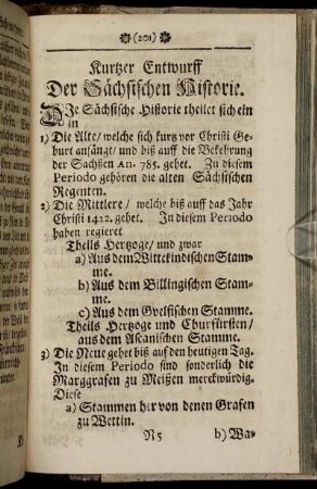 Kurtzer Entwurff Der Saechsischen Historie