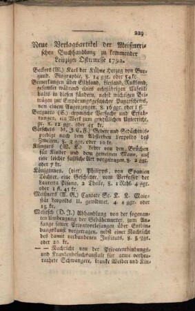 Neue Verlagsartikel der Meißnerischen Buchhandlung zu kommender Leipziger Ostermesse 1792