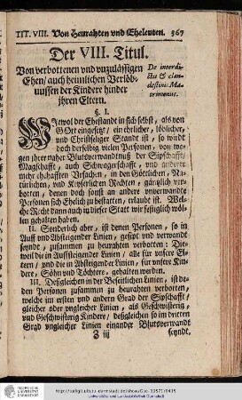 Der VIII. Titul. Von verbottenen und unzulässigen Ehen auch heimlichen Verlöbnuussen der Kindere hinder ihren Eltern