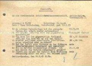 Abschrift eines Unfallprotokolls der Firma Reinz bezüglich eines NS-Zwangsarbeiters - Sachkonvolut