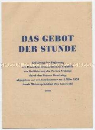 Sonderdruck mit der Erklärung von Otto Grotewohl vor der Volkskammer zur Ratifizierung der Pariser Verträge
