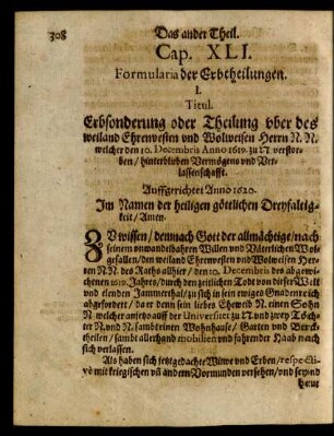 Cap. XLI. Formularia der Erbtheilungen.