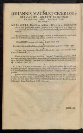 Johannis, Magni, Et Ciceronis Germanici, Quarti Electoris Brandenburgici, Posteritas