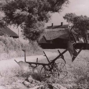 Einschariger Wendepflug gegen Fischländer Gehöft, um 1960