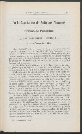 En la Asociación de Antigous Alumnos - Sensibles Pérdidas : El Rdo. Padre Manuel J. Guzmán, S. J. † 9 de Enero de 1924.