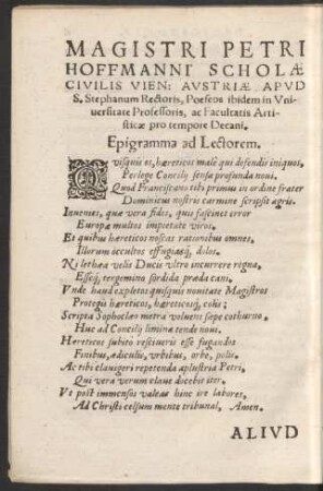 Magistri Petri Hoffmanni ... Epigramma ad Lectorem.