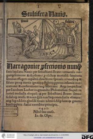 Stultifera Navis Sebastianus Brant. : Per Jacobum Locher cognomento Philomusum Suevum in latinum traducta