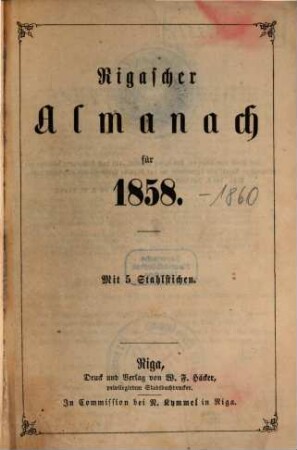 Rigascher Almanach : für das Jahr ..., [1.] 1858