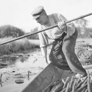 Fischer Jedro aus Leipe mit dem Kahn beim Fischfang. : Rybar Jedro z Lipjego z čołmom při łójenju rybow.