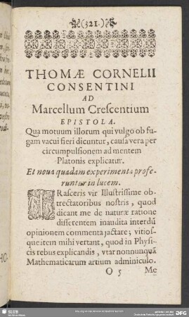 Thomae Cornelii Consentini Ad Marcellum Crescentium Epistola