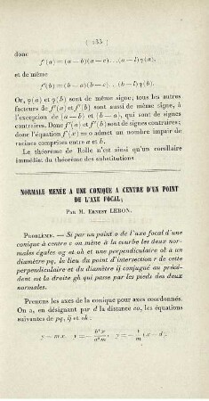 Normale menée a une conique a centre d'un point de l'axe focal.