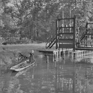 Kahn als typisches Transportmittel im Alltag im Spreewald. : Čołm jako typiski transportny srědk we wšědnym w Błótach.