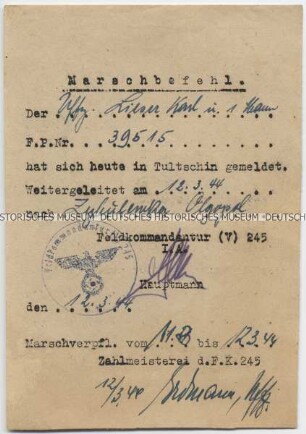 Marschbefehl der Feldkommandantur (V) 245 in Tultschyn für einen Unteroffizier