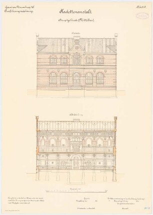 Kadettenanstalt der Garnison, Naumburg/Saale: Mittelbau: Aufriss Südansicht, Längsschnitt 1:100