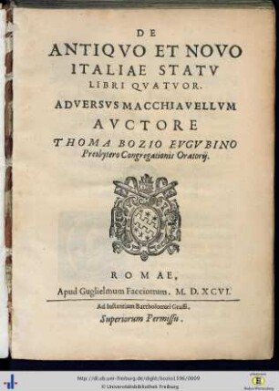 De Antiqvo Et Novo Italiae Statv : Libri Qvatvor; Adversvs Macchiavellvm
